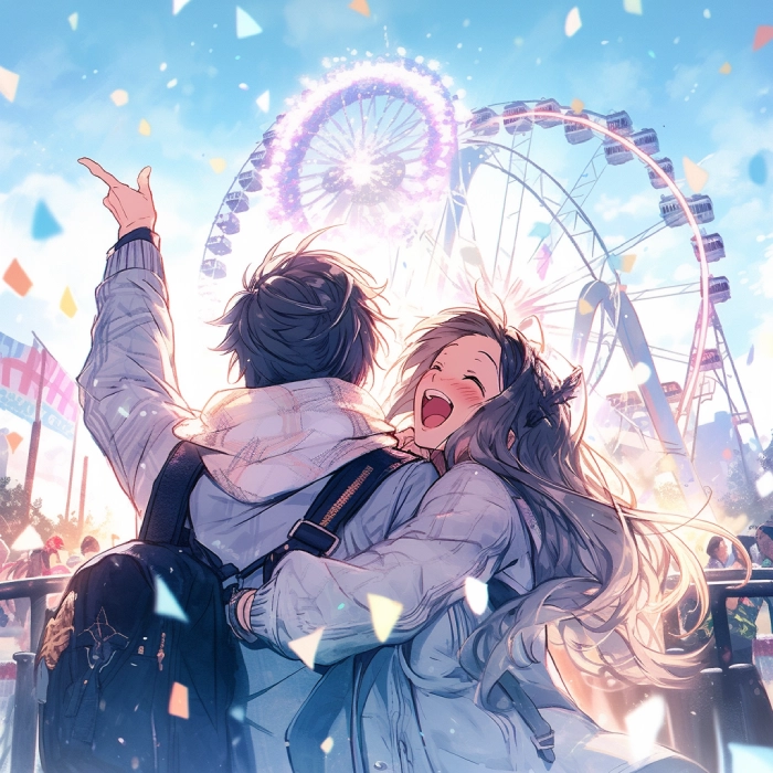 a young couple having a blast at the amusement park
